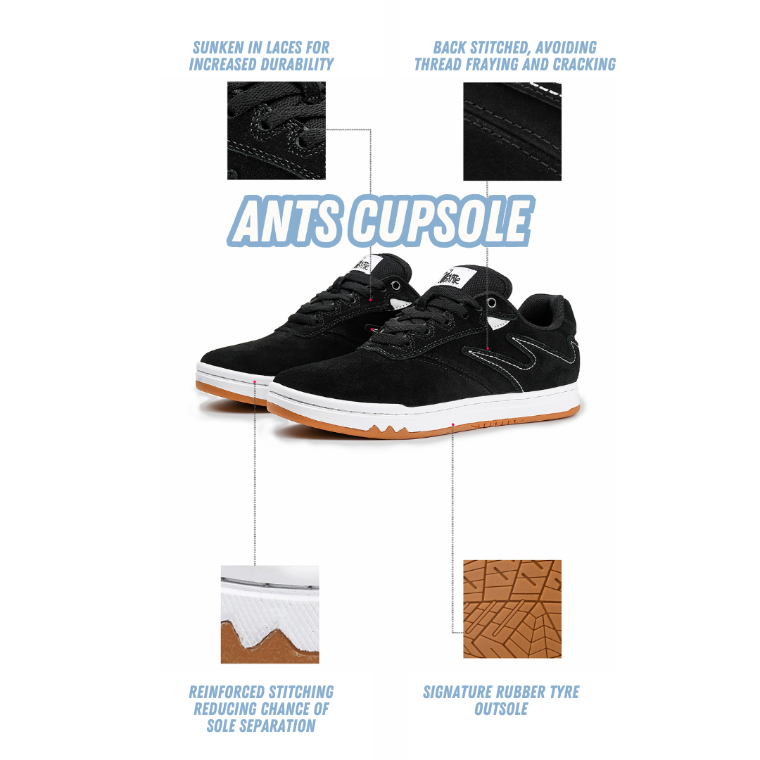Goluck Ants Cupsole black suede skate shoes