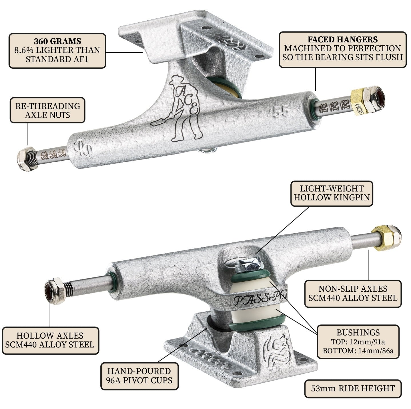 Ace x Passport AF1 Hollow Polished Skateboard Trucks