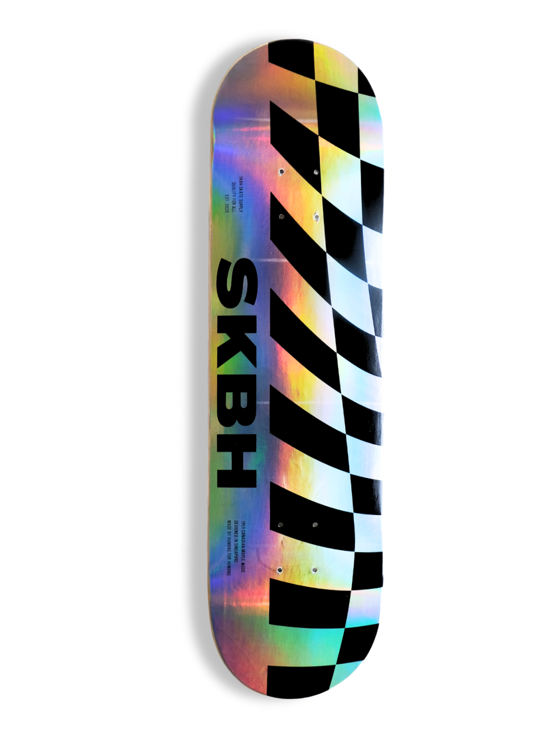 A skateboard deck with a black and white checkered pattern on one side and a holographic iridescent finish on the other, featuring the vertical text 'SKBH' in black.